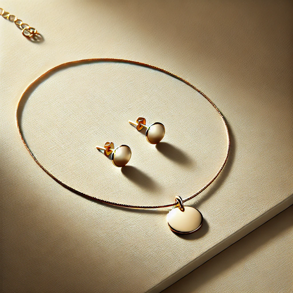 DALL·E 2025-02-05 16.09.21 - A minimalistic and elegant jewelry-themed image. A soft, neutral-toned background with a delicate gold necklace and matching earrings displayed gracef